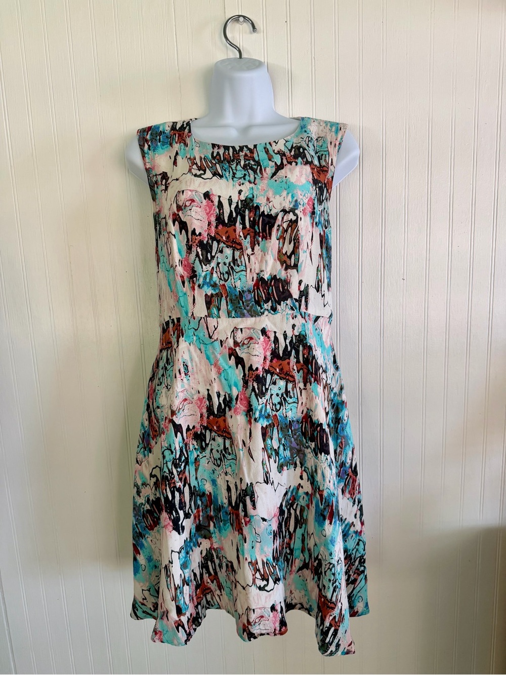 French Connection Multicolor Abstract Print Midi Dress in Teal, Pink & Black